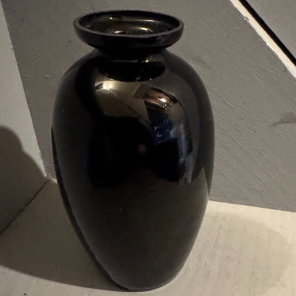 Arts & Crafts Black Amethyst Glass Vase Hand Written Design Phone Wings - Picture 6 of 6
